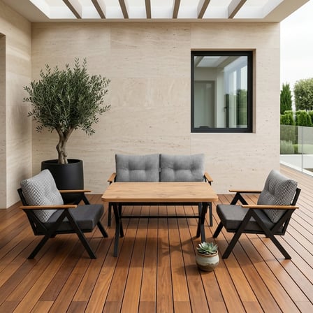 Venedik 2+1+1+ 70x120 Ceviz Desenli Masa Metal Balkon Takımı Keten Dokulu Kumaş – Siyah Metal - Bahç