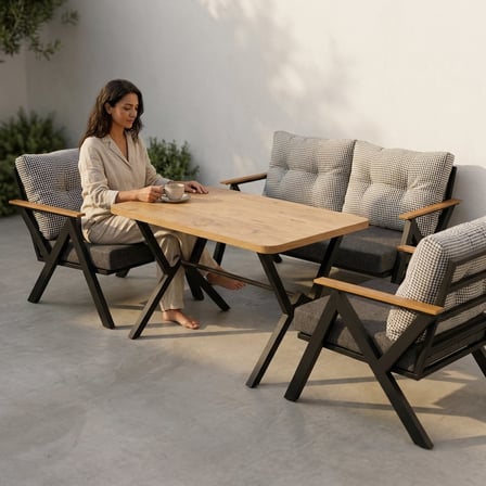 Venedik 2+1+1+ 70x120 Ceviz Desenli Masa Metal Balkon Takımı Keten Dokulu Kumaş – Siyah Metal - Bahç