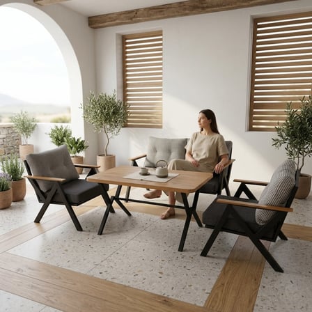 Venedik 2+1+1+ 70x120 Ceviz Desenli Masa Metal Balkon Takımı Keten Dokulu Kumaş – Siyah Metal - Bahç