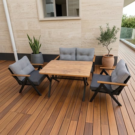 Venedik 2+1+1+ 70x120 Ceviz Desenli Masa Metal Balkon Takımı Keten Dokulu Kumaş – Siyah Metal - Bahç