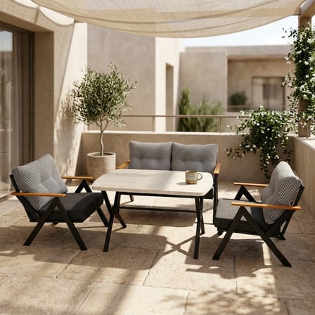 Venedik 2+1+1+ 70x120 Traverten Desenli Masa Metal Balkon Takımı Keten Dokulu Kumaş – Siyah Metal - 