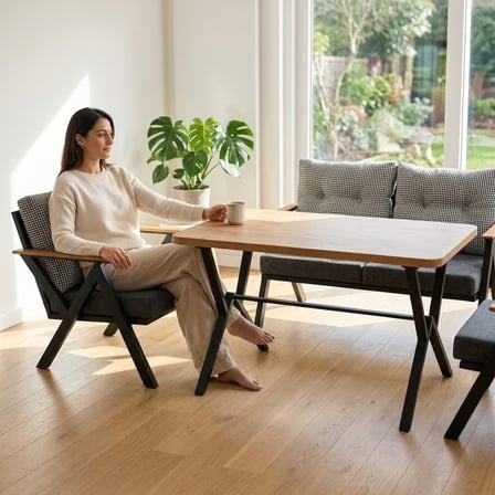 Venedik 2+1+1+ 70x120 Traverten Desenli Masa Metal Balkon Takımı Keten Dokulu Kumaş – Siyah Metal - 