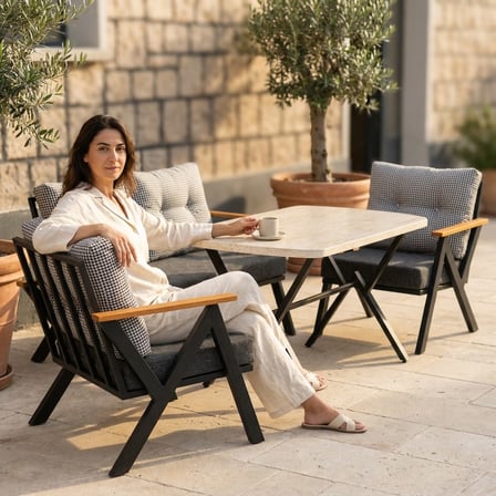 Venedik 2+1+1+ 70x120 Traverten Desenli Masa Metal Balkon Takımı Keten Dokulu Kumaş – Siyah Metal - 