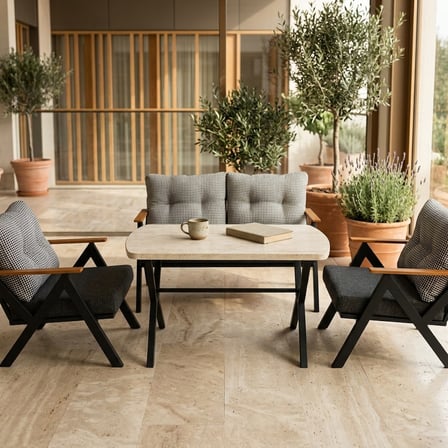 Venedik 2+1+1+ 70x120 Traverten Desenli Masa Metal Balkon Takımı Keten Dokulu Kumaş – Siyah Metal - 