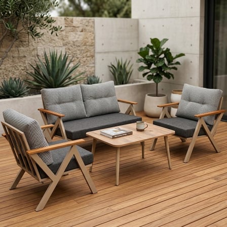 Venedik 2+1+1+Sehpa Metal Balkon Takımı Keten Dokulu Kumaş – Cappuccino Metal - Bahçe Teras Oturma G