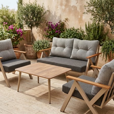 Venedik 2+1+1+Sehpa Metal Balkon Takımı Keten Dokulu Kumaş – Cappuccino Metal - Bahçe Teras Oturma G