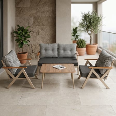 Venedik 2+1+1+Sehpa Metal Balkon Takımı Keten Dokulu Kumaş – Cappuccino Metal - Bahçe Teras Oturma G