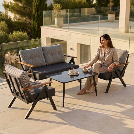 Venedik 2+1+1+Sehpa Metal Balkon Takımı Keten Dokulu Kumaş – Siyah Metal - Bahçe Teras Oturma Grubu