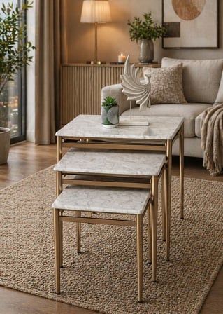 3’lü Zigon Sehpa Takımı Gri Mermer Desenli MDF Membran Tabla – Bronz Metal Ayaklı