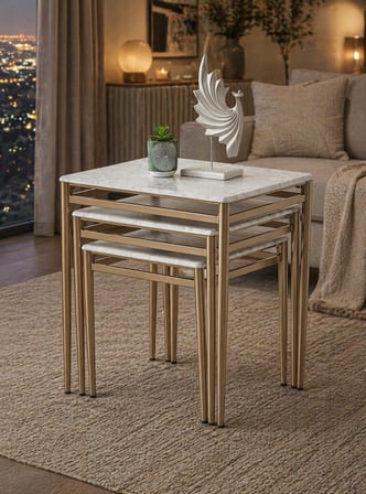 3’lü Zigon Sehpa Takımı Gri Mermer Desenli MDF Membran Tabla – Bronz Metal Ayaklı