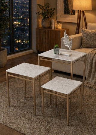 3’lü Zigon Sehpa Takımı Gri Mermer Desenli MDF Membran Tabla – Bronz Metal Ayaklı