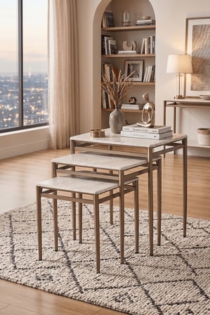 3’lü Zigon Sehpa Takımı Traverten Desenli MDF Membran Tabla – Bronz Renk Metal Ayaklı
