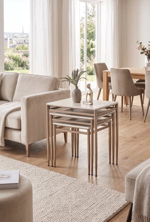 3’lü Zigon Sehpa Takımı Traverten Desenli MDF Membran Tabla – Bronz Renk Metal Ayaklı