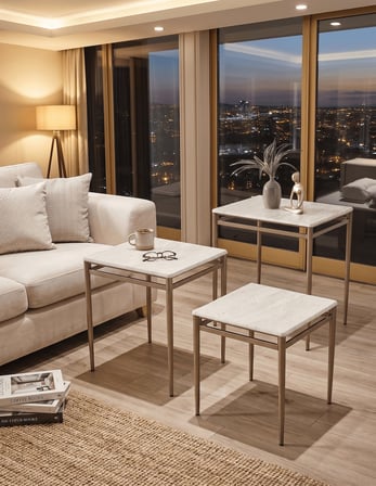 3’lü Zigon Sehpa Takımı Traverten Desenli MDF Membran Tabla – Bronz Renk Metal Ayaklı