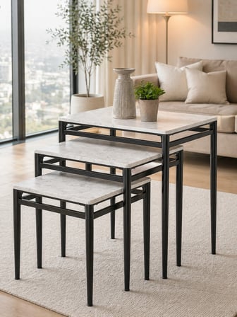 3’lü Zigon Sehpa Takımı Gri Mermer Desenli MDF Membran Tabla – Siyah Metal Ayaklı
