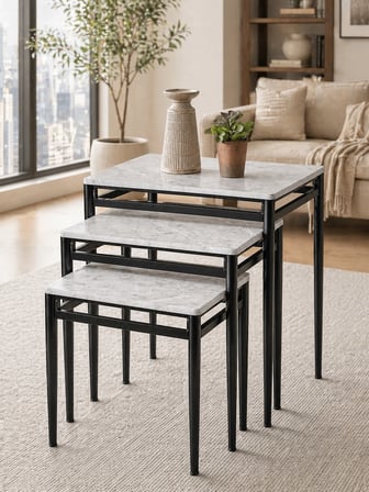 3’lü Zigon Sehpa Takımı Gri Mermer Desenli MDF Membran Tabla – Siyah Metal Ayaklı