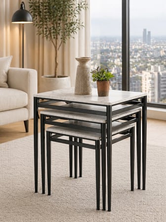 3’lü Zigon Sehpa Takımı Gri Mermer Desenli MDF Membran Tabla – Siyah Metal Ayaklı