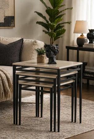 3’lü Zigon Sehpa Takımı Traverten Desenli MDF Membran Tabla – Siyah Metal Ayaklı