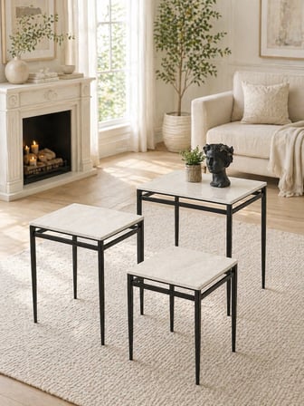3’lü Zigon Sehpa Takımı Traverten Desenli MDF Membran Tabla – Siyah Metal Ayaklı