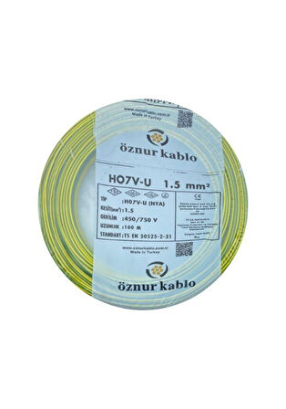 Öznur 1.5 mm Nya %100 Bakır Tek Damar Kablo Sarı-Yeşil Renk 1 Top 100 Metre