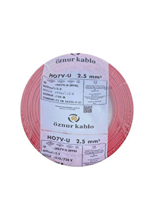 Öznur 2.5 mm Nya %100 Bakır Tek Damar Kablo Kırmızı Renk 1 Top 100 Metre