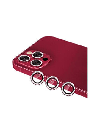 İphone 11 Pro/ 11 Pro Max/ 12 Pro Kırmızı Uyumlu Swarovski Taşlı Kamera Lens Koruyucu Cam