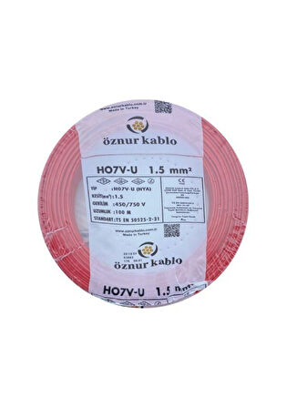 Öznur 1.5 mm Nya %100 Bakır Tek Damar Kablo Kırmızı Renk 1 Top 100 Metre