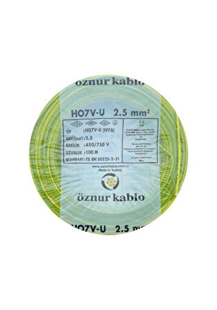 Öznur 2.5 mm Nya %100 Bakır Tek Damar Kablo Sarı-Yeşil Renk 1 Top 100 Metre
