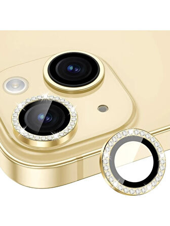 İphone 15 ve 15 Plus Sarı (Light Yellow) Uyumlu Swarovski Taşlı Kamera Lens Koruyucu Cam