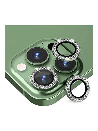 İphone 13 Pro ve 13 Pro Max Yeşil (Deep Green) Uyumlu Swarovski Taşlı Kamera Lens Koruyucu Cam