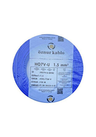 Öznur 1.5 mm Nya %100 Bakır Tek Damar Kablo Mavi Renk 100 Metre