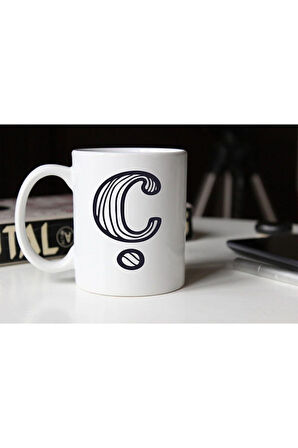 Siyah Beyaz Çizgili Ç Harfli Porselen Kupa Tfsbh-004