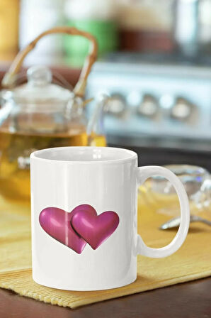 Pembe Kalp Baskılı Porselen Kupa