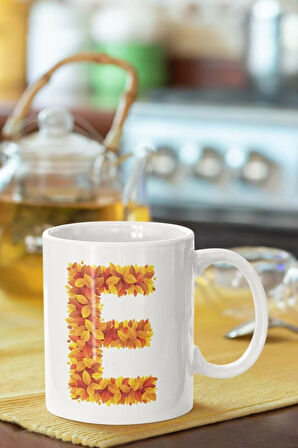 Beyaz Sarı Yapraklı E Harfi Baskılı Porselen Kupa