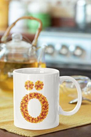 Beyaz Sarı Yapraklı Ö Harfi Baskılı Porselen Kupa