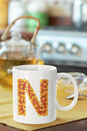 Beyaz Sarı Yapraklı N Harfi Baskılı Porselen Kupa