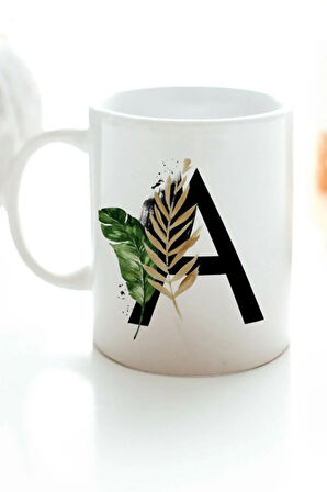 A Harfi Baskılı Çiçek Desenli Dekoratif - Baş Harf Baskılı Kupa Bardak - A Harfli Kahve Bardağı