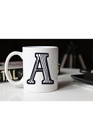 Siyah Beyaz Çizgili A Harfli Porselen Kupa Tfsbh-001