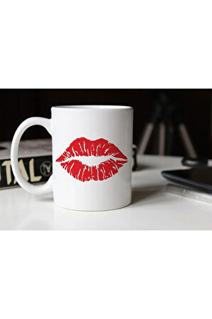 Kırmızı Dudak Temalı Beyaz Porselen Kupa Tfspr-40
