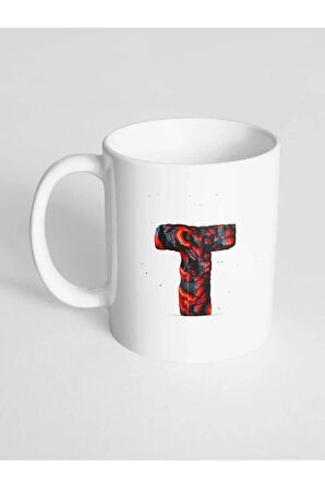 T Harfi Baskılı Kor Alevli Desenli Dekoratif - Baş Harf Baskılı Kupa Bardak