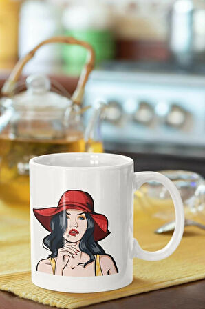 Kırmızı Fötr Şapkalı Kız Baskılı Porselen Kupa Bardak