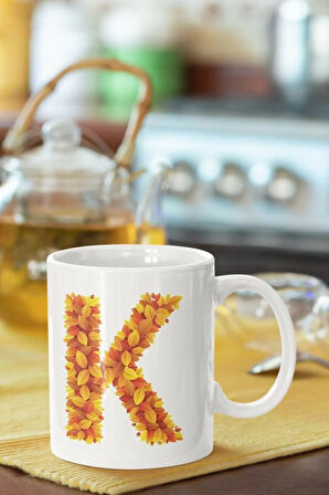 Beyaz Sarı Yapraklı K Harfi Baskılı Porselen Kupa
