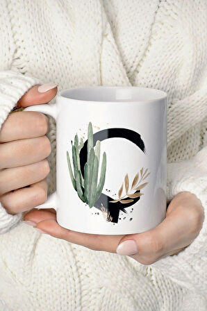 Beyaz Ç Harf Baskılı Tropikal Koleksiyon Porselen Kupa Bardak