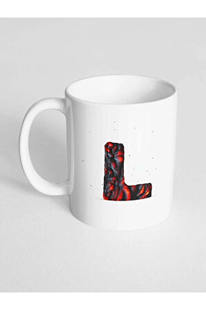 L Harfi Baskılı Kor Alevli Desenli Dekoratif - Baş Harf Baskılı Kupa Bardak