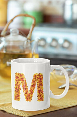 Sarı Yapraklı M Harfi | Baskılı Porselen Kupa Bardak