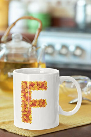 Sarı Yapraklı F Harfi Baskılı Porselen Kupa Bardak