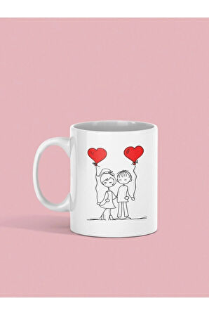 Beyaz Sevimli Sevgililer Baskılı Kupa