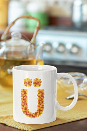 Beyaz Sarı Yapraklı Ü Harfi Baskılı Porselen Kupa