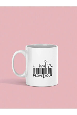 Beyaz Love You Barkod Baskılı Kupa