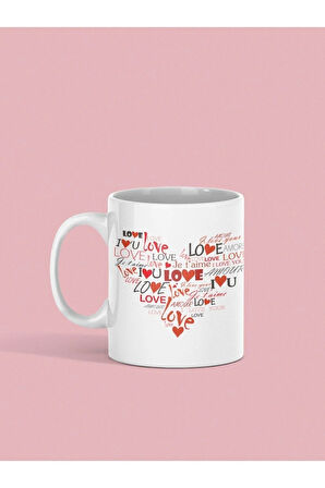 Love Yazılı Kalp Baskılı Kupa